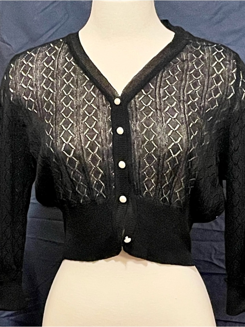 Black Sheer Knit Cardigan with Pearl Buttons